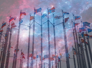 Image of deep space with flags of many countries