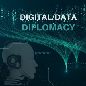 Icon of humanoid android with digital diplomacy text