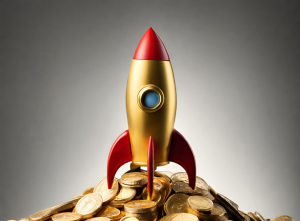 Toy rocketship on top of a pile of gold coins