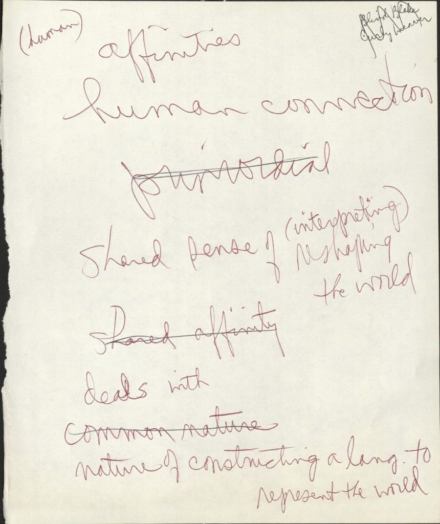 A scrap of paper with handwritten words such s "affinities" and "human connection."