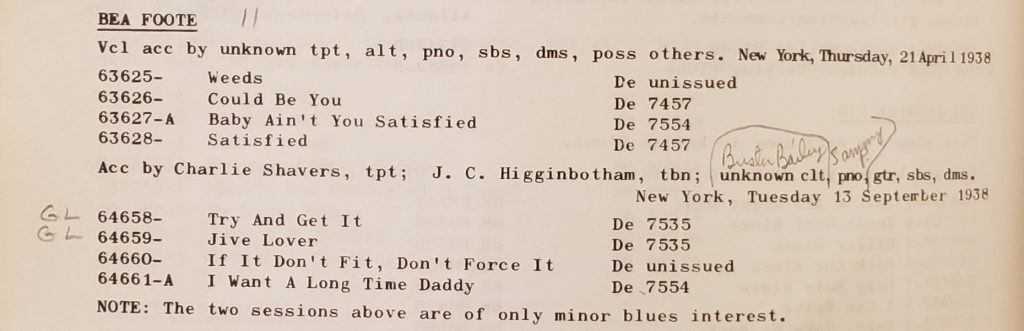 A snippet of text listing Bea Foote's recordings from Godrich and Dixon's discography.