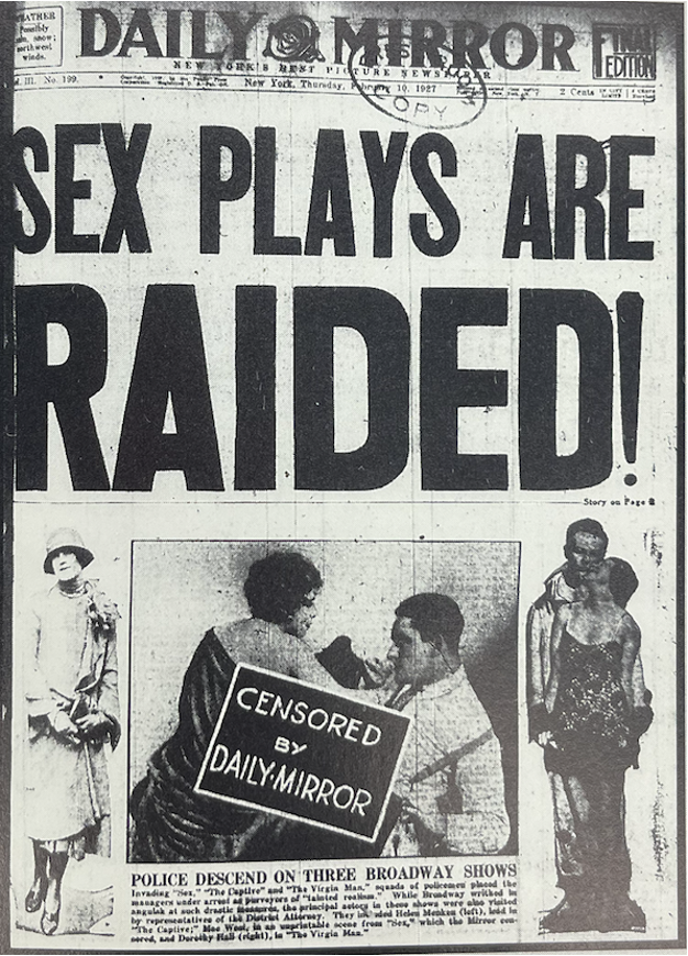 Scan of a newspaper page that reads "Sex Plays Are Raided!"