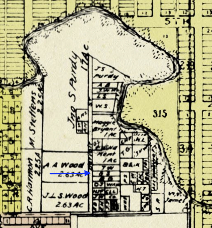 Map of Victoria Spivey's childhood neighborhood with an arrow pointing to her family's former property.