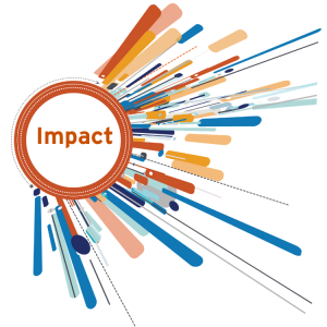 Circle with exploding color and the word "impact"