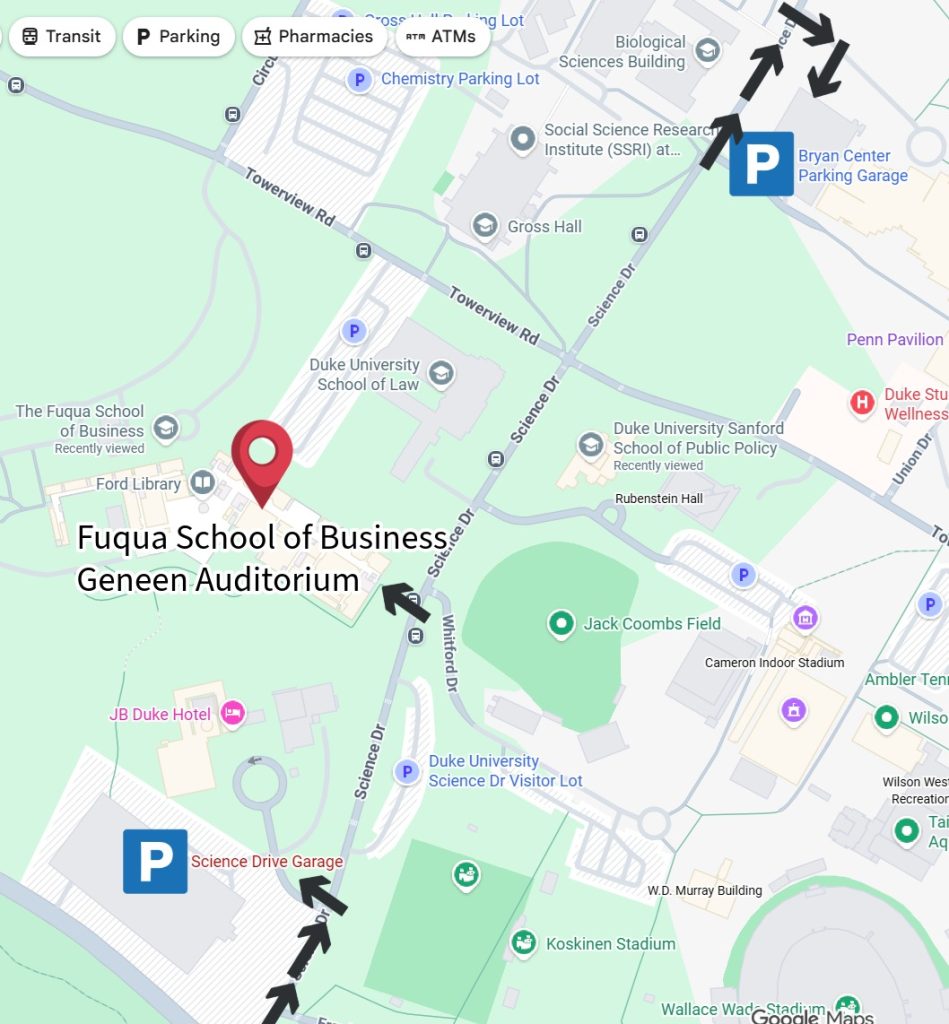 Map showing that you should drive into the northeast side of the Science Drive deck (JB Duke Hotel and Science Dr. side not Cameron Blvd-side) and the entrance into the north side of the Bryan Center Deck.