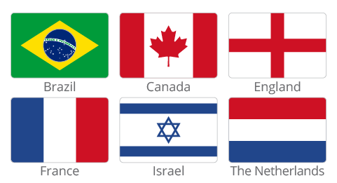 Graphic illustration of the national flags of: Brazil, Canada, England, France, Israel, and the Netherlands