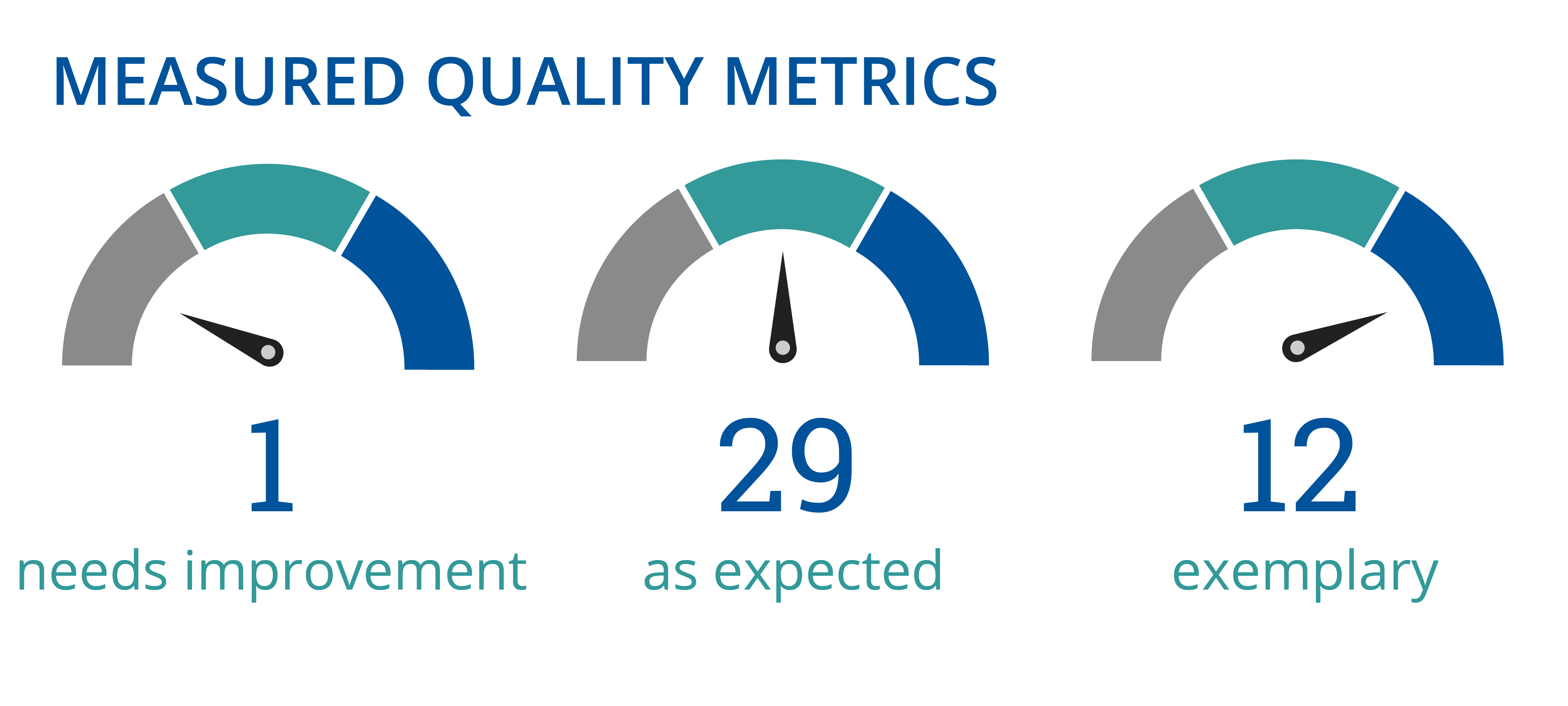 Illustration showing measured quality metrics with one area at 'needs improvement,' 29 at 'as expected,' and 12 at 'exemplary.'