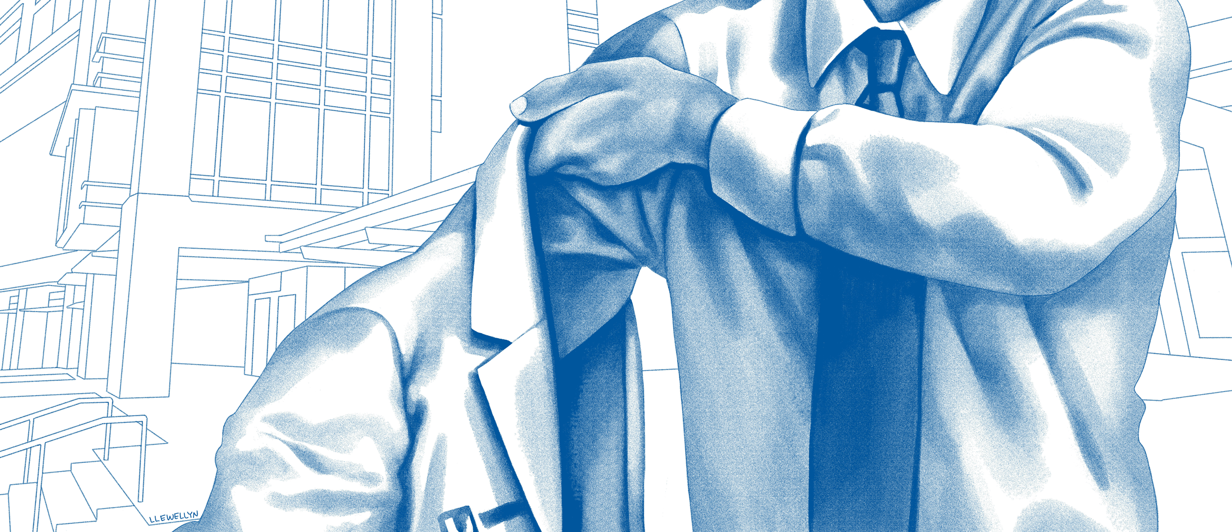 Illustration of person putting on a white coat