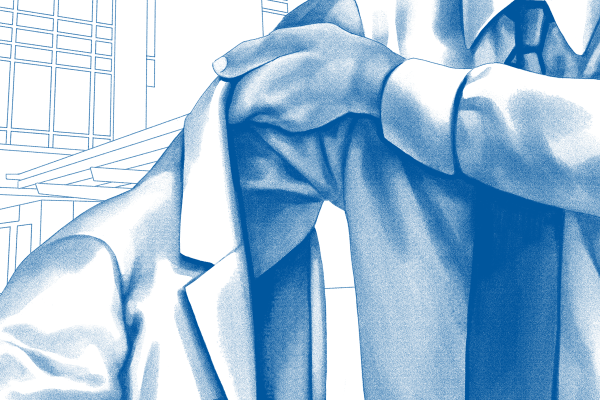 Illustration of person putting on a white coat