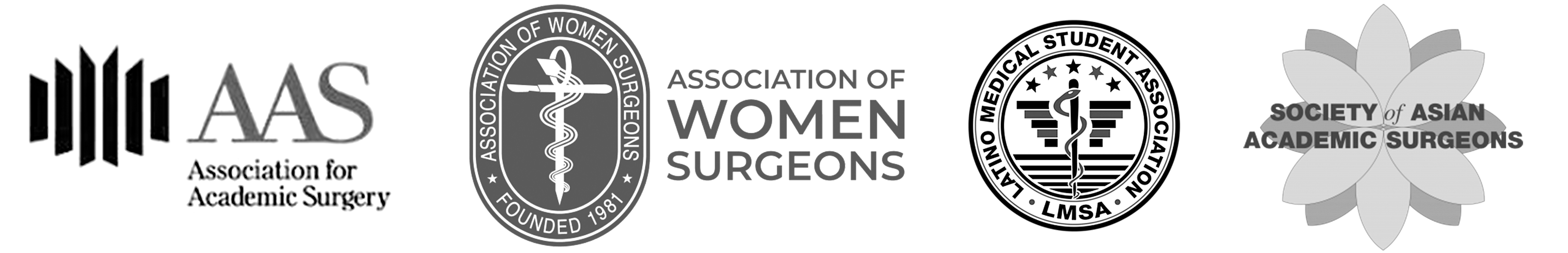 Logos of the surgical affinity associations. From left to right, Association for Academic Surgery, Association of Women Surgeons, Latino Medical Student Association, Society of Asian Academic Surgeons