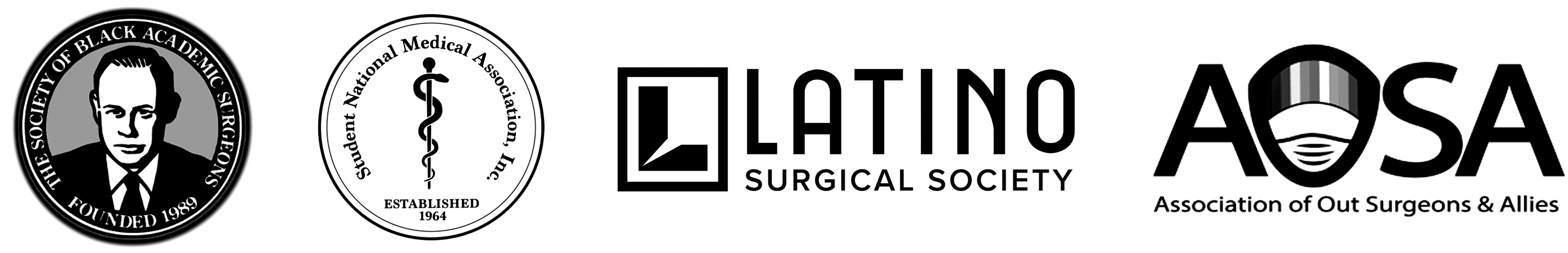 Logos of the surgical affinity associations. From left to right, Society of Black Academic Surgeons, Student National Medical Association Inc., Latino Surgical Society, and Association of Out Surgeons & Allies.