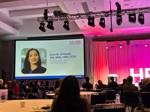 Image of stage at Heart Rhythm Society 2026, with slide of Dr. Sana Al-Khatib being named as the incoming president of HRS.